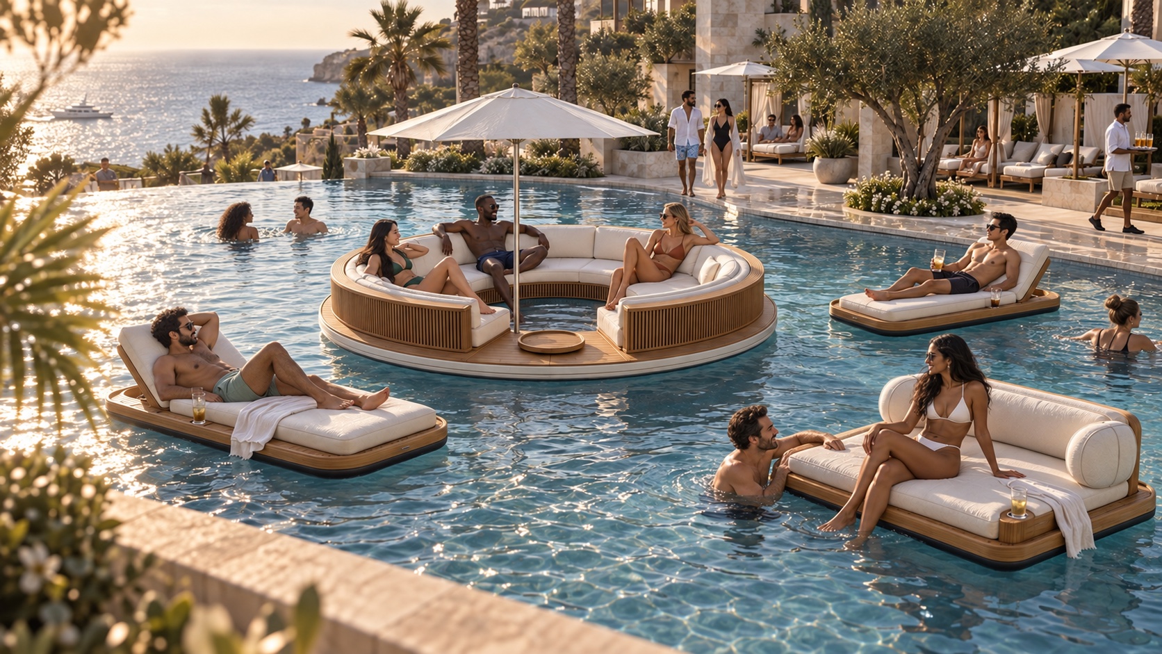 Multicultural hotel guests enjoying Float Couture furniture in an oceanfront hotel pool