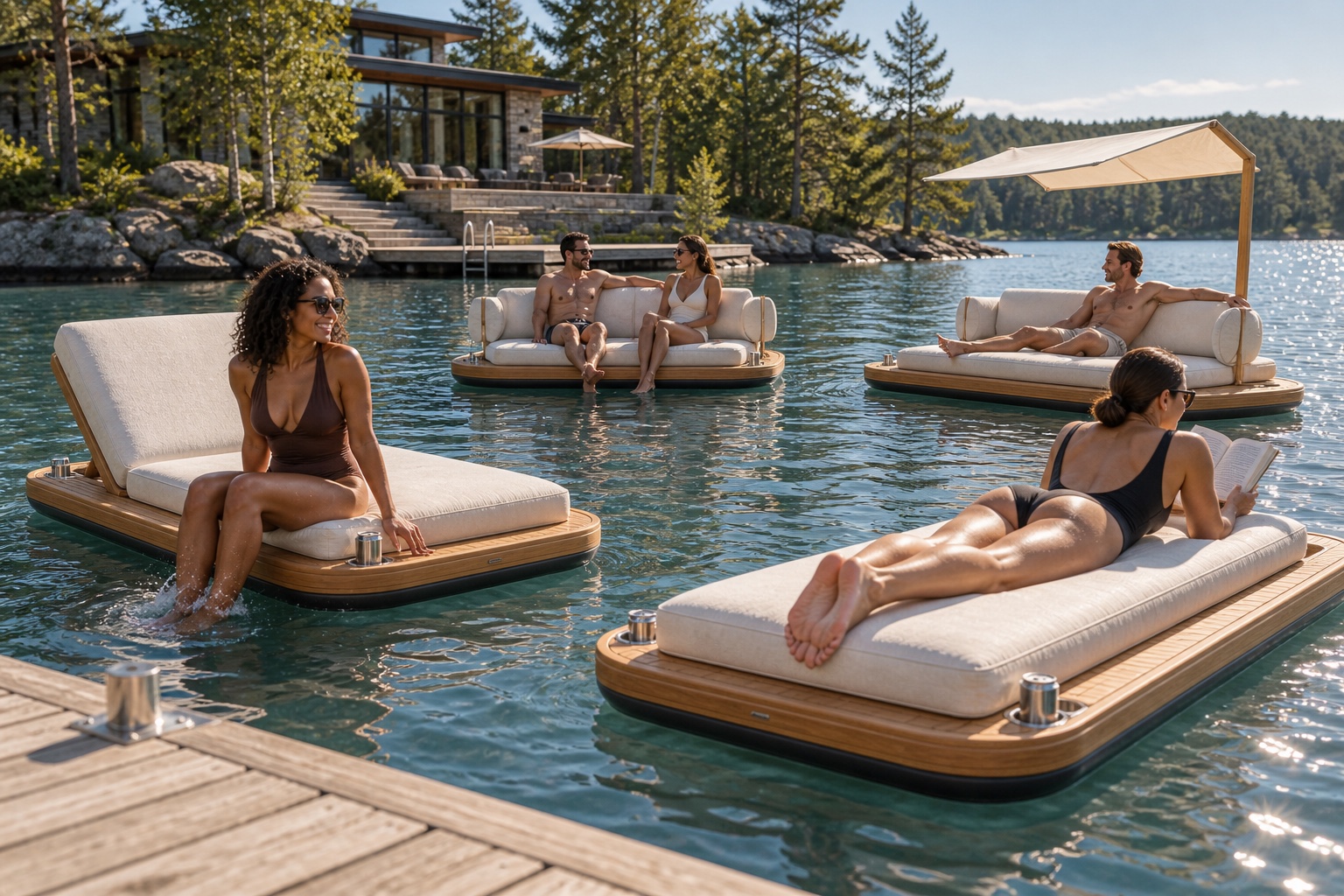 Float Couture seating floating just beyond a timber lake dock