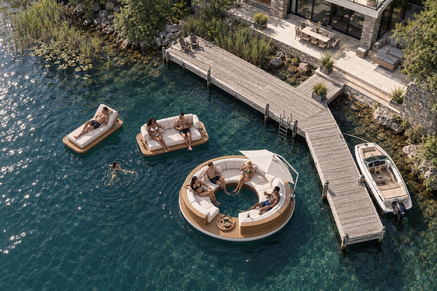 Overhead view of Float Couture furniture beside a private lake dock