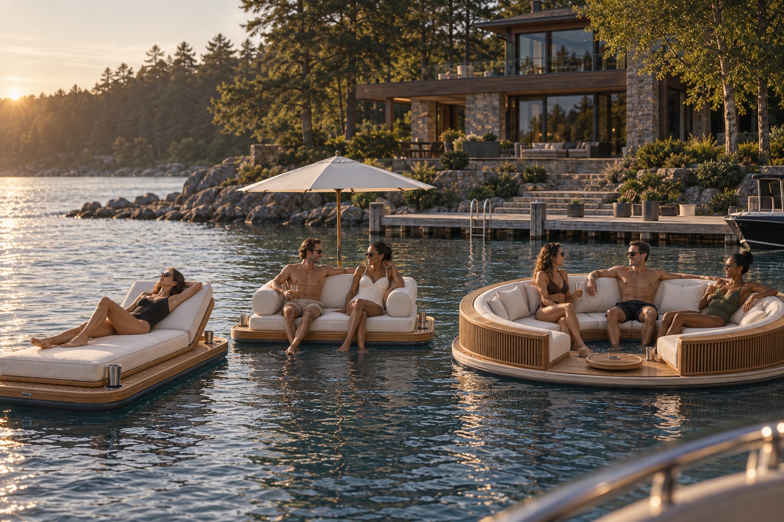 Float Couture collection floating beside a modern lake house