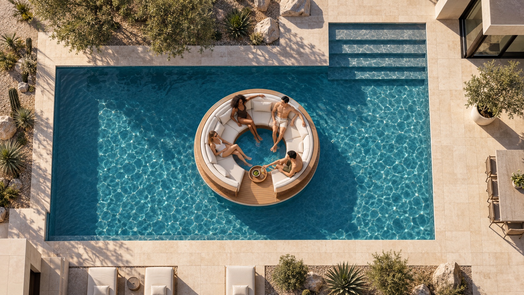 Overhead view of the Float Couture Salon in a desert estate pool