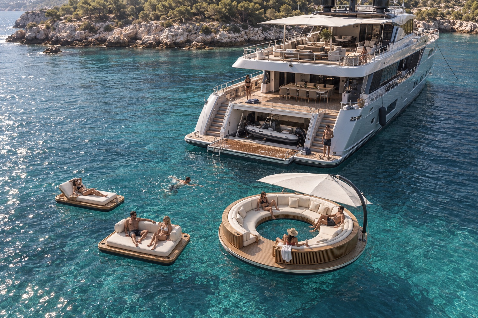 Float Couture collection behind a yacht in a Mediterranean cove