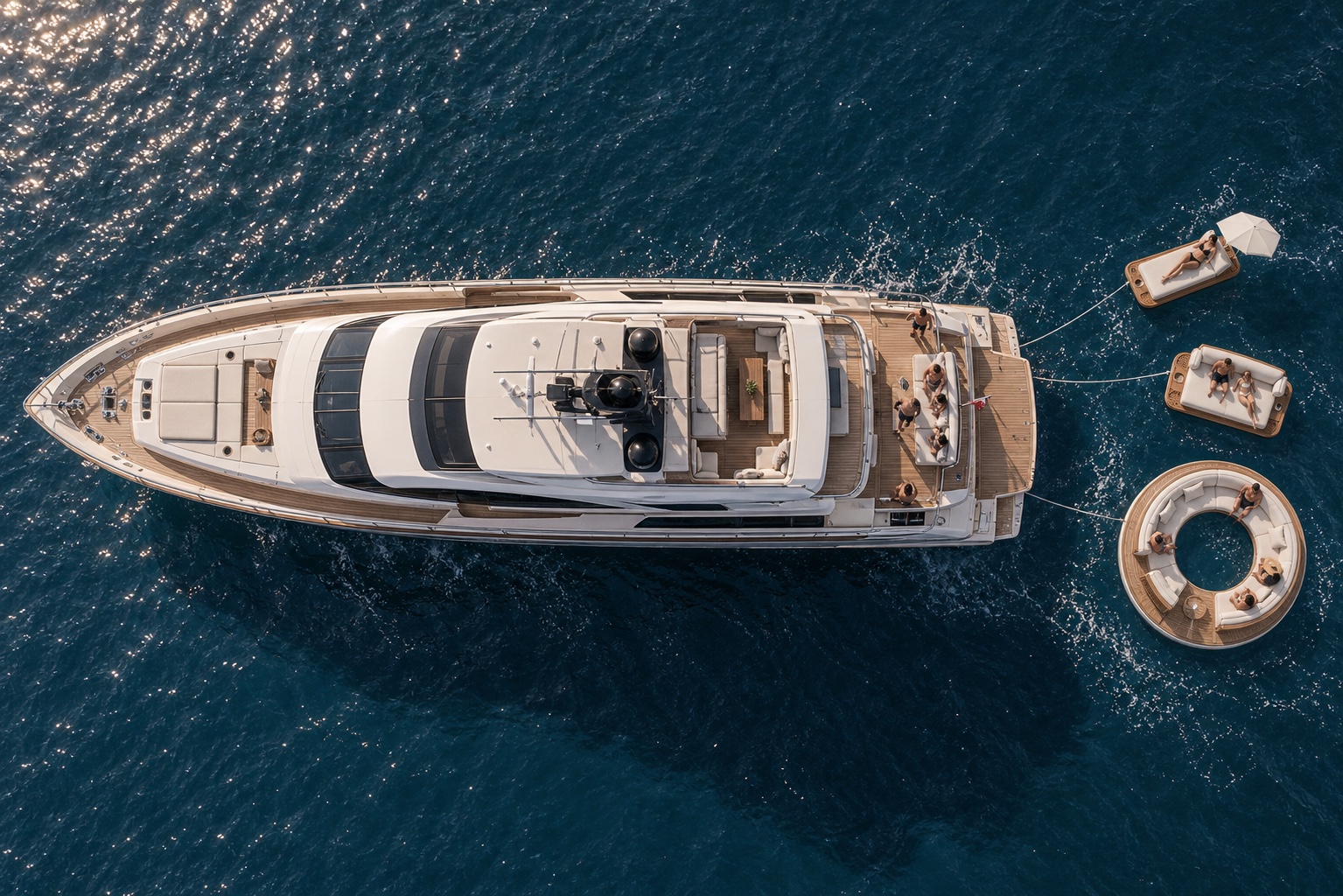 Overhead view of floating furniture behind a yacht